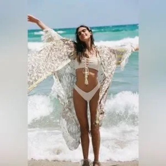Free People Watching Waves Maxi Shirt Cover-up Oversized Aquamarine Boho Size XS - Picture 10 of 14